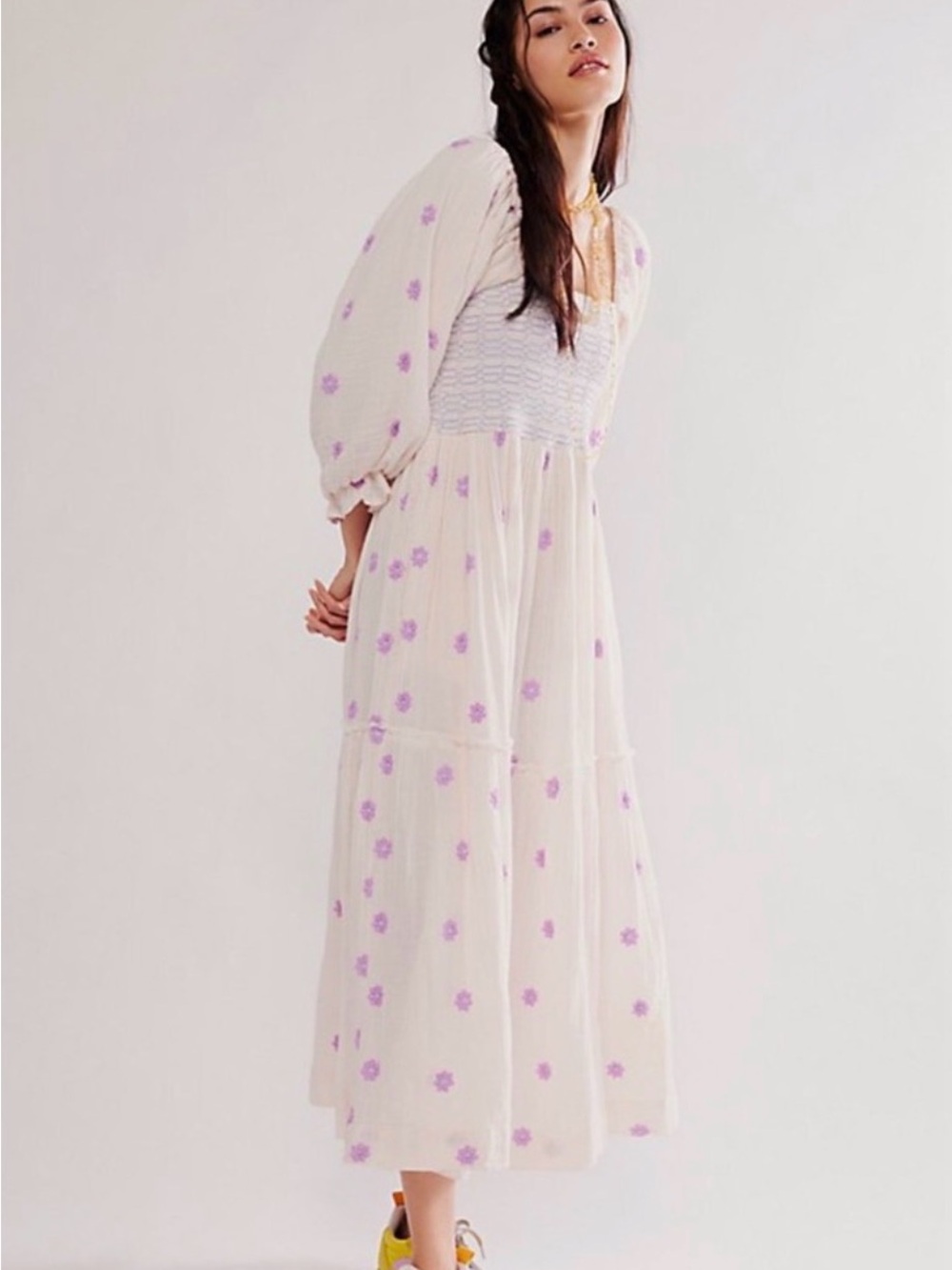 Free People Blush Pink Midi Dress with Lavender Floral Embroidery - Picture 2 of 4